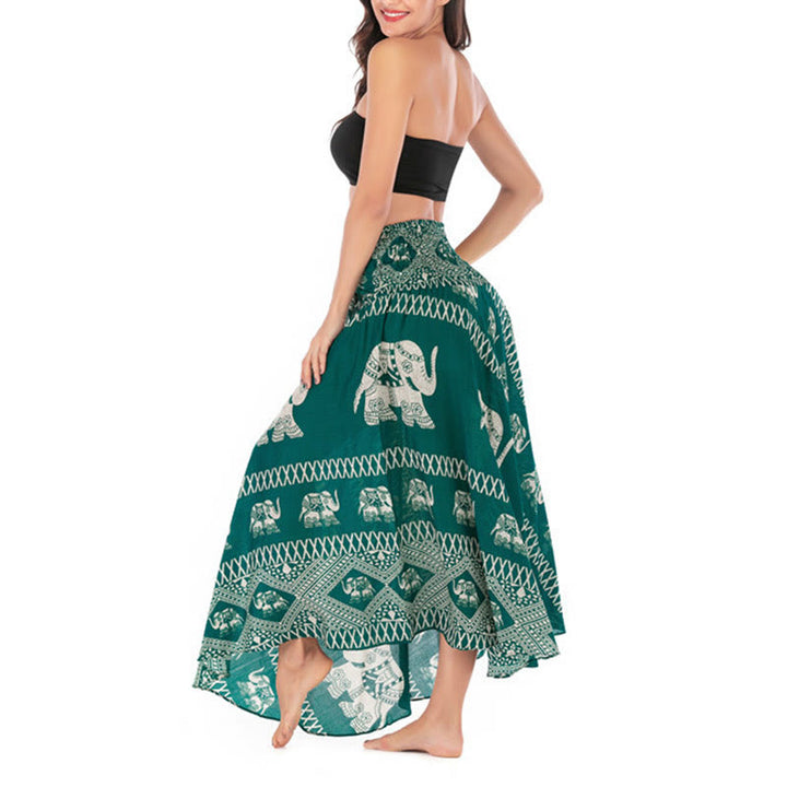 Buddha Stones Dos Estilos Vestido Bohemio de Verano Elefantes Líneas Falda con Cinturón