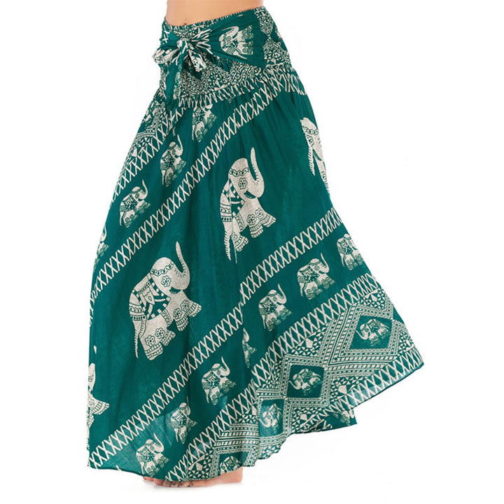 Buddha Stones Dos Estilos Vestido Bohemio de Verano Elefantes Líneas Falda con Cinturón