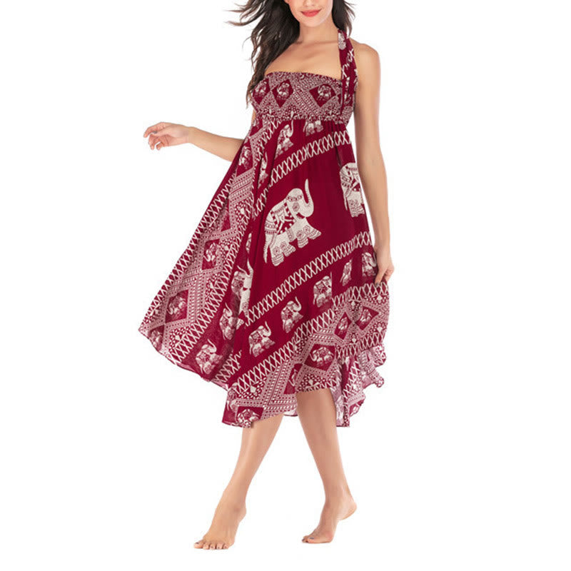 Buddha Stones Dos Estilos Vestido Bohemio de Verano Elefantes Líneas Falda con Cinturón