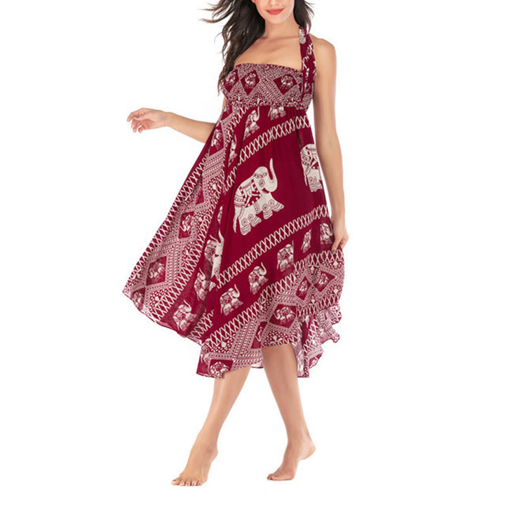 Buddha Stones Dos Estilos Vestido Bohemio de Verano Elefantes Líneas Falda con Cinturón