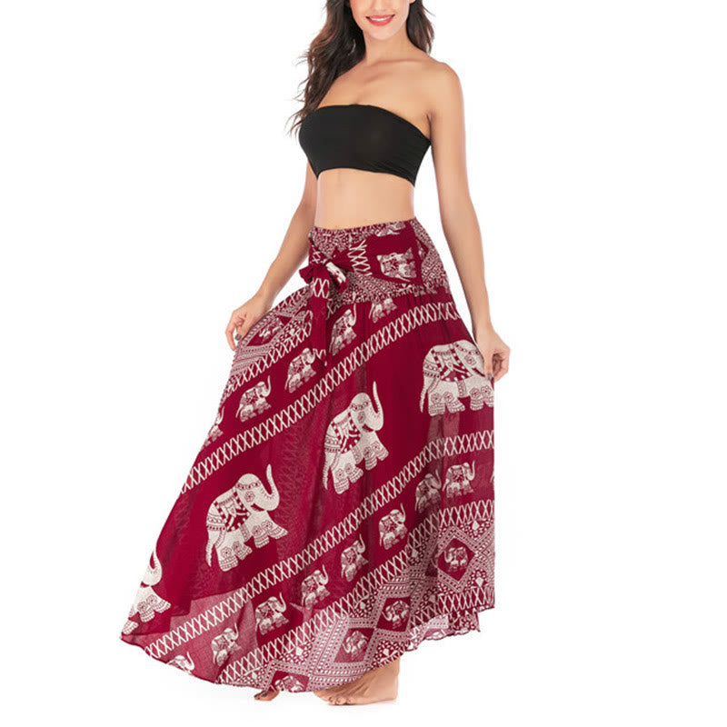 Buddha Stones Dos Estilos Vestido Bohemio de Verano Elefantes Líneas Falda con Cinturón