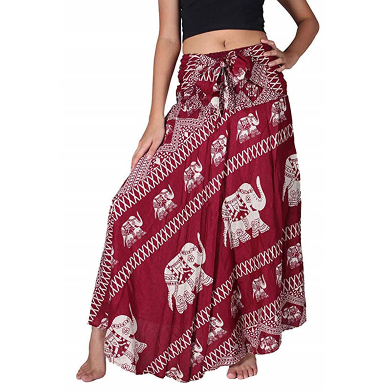 Buddha Stones Dos Estilos Vestido Bohemio de Verano Elefantes Líneas Falda con Cinturón