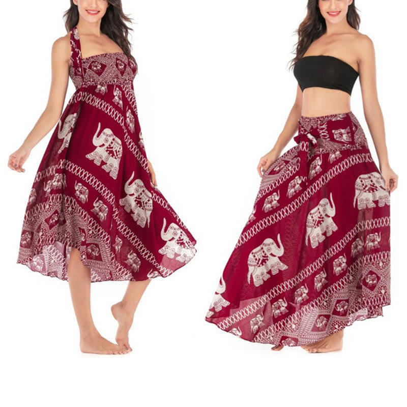 Buddha Stones Dos Estilos Vestido Bohemio de Verano Elefantes Líneas Falda con Cinturón