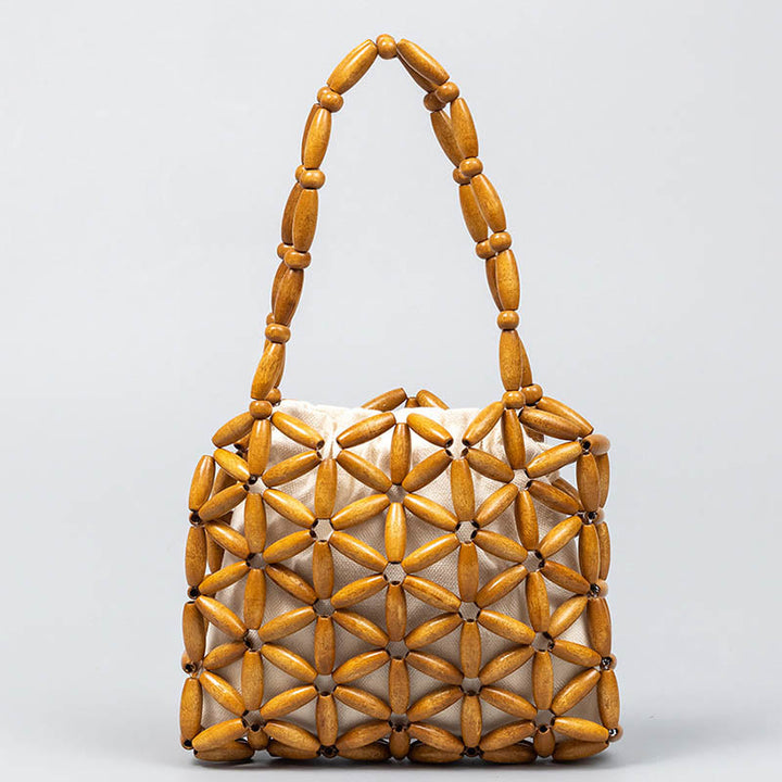 Buddha Stones Bolso de Mano de Cuentas de Madera Tejido a Mano