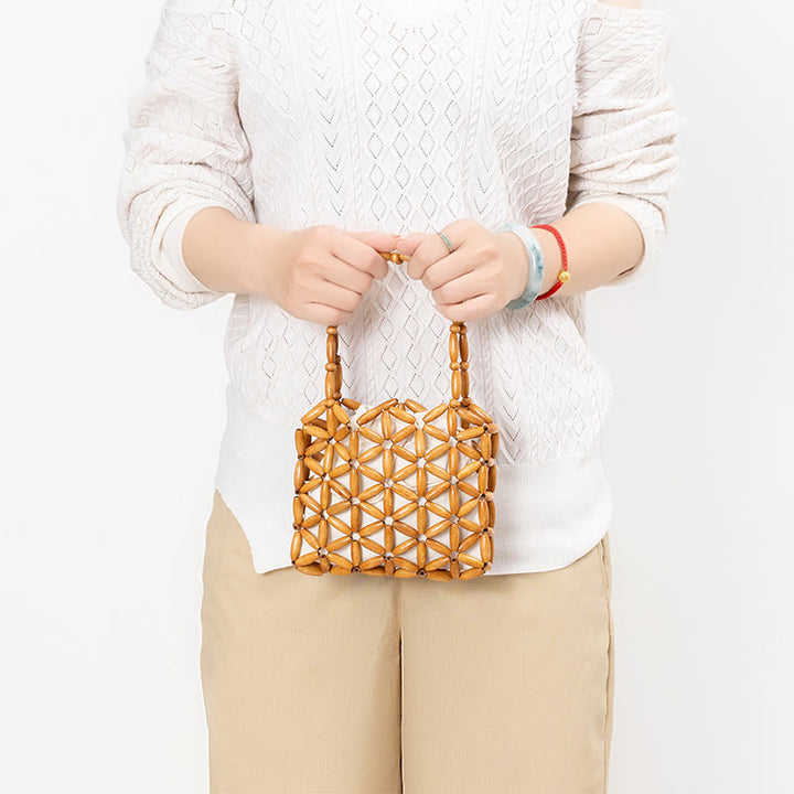 Buddha Stones Bolso de Mano de Cuentas de Madera Tejido a Mano