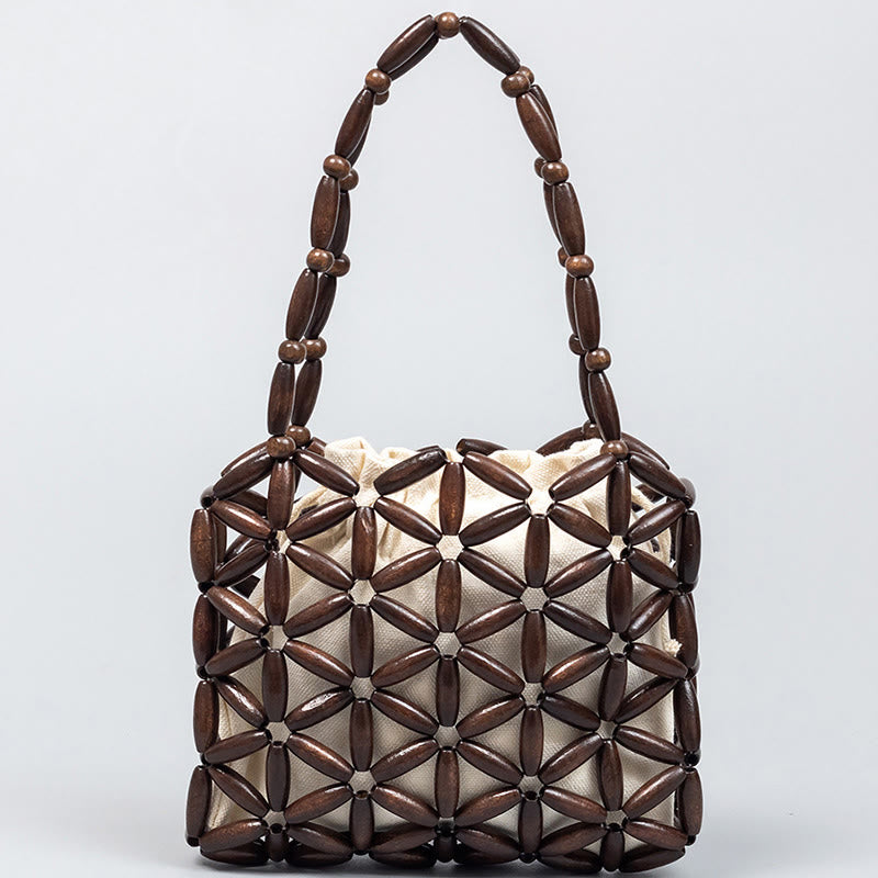 Buddha Stones Bolso de Mano de Cuentas de Madera Tejido a Mano
