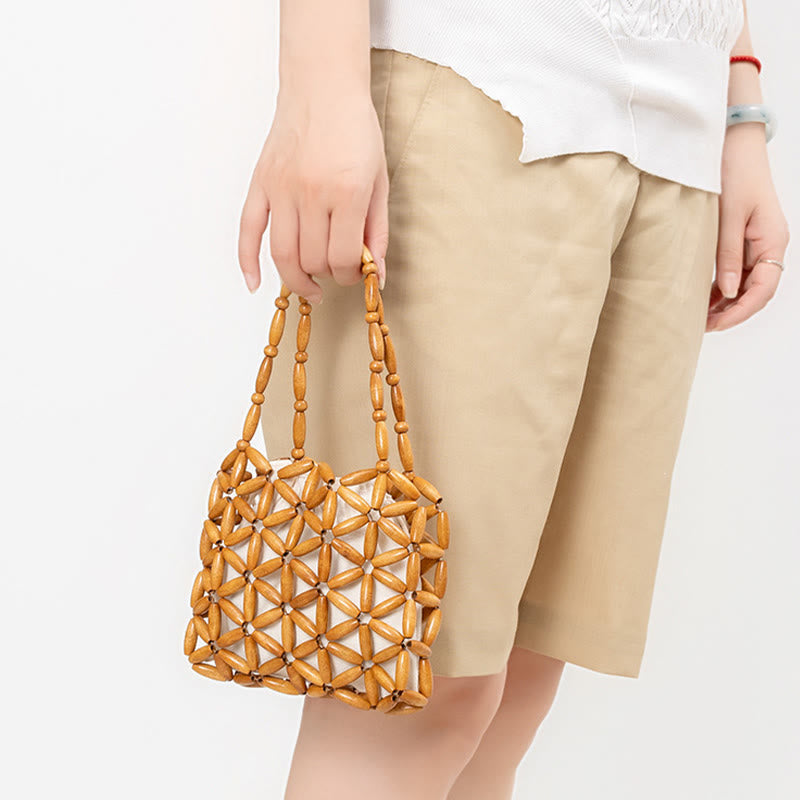 Buddha Stones Bolso de Mano de Cuentas de Madera Tejido a Mano