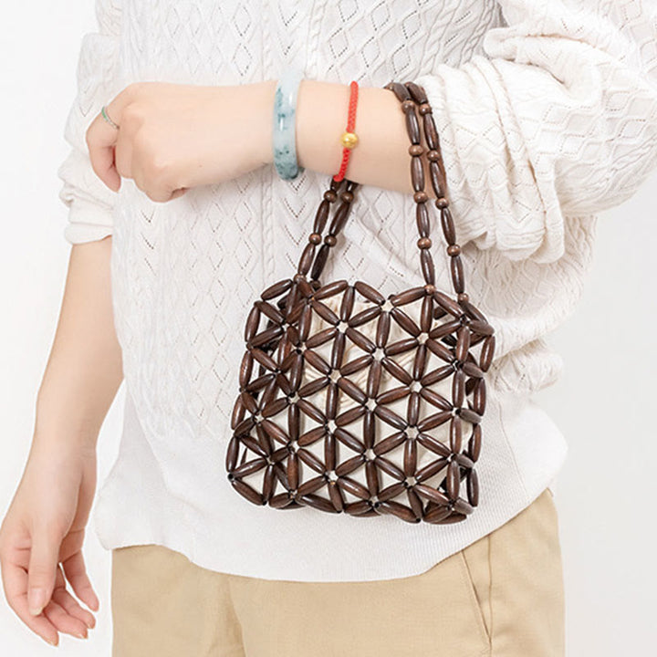 Buddha Stones Bolso de Mano de Cuentas de Madera Tejido a Mano