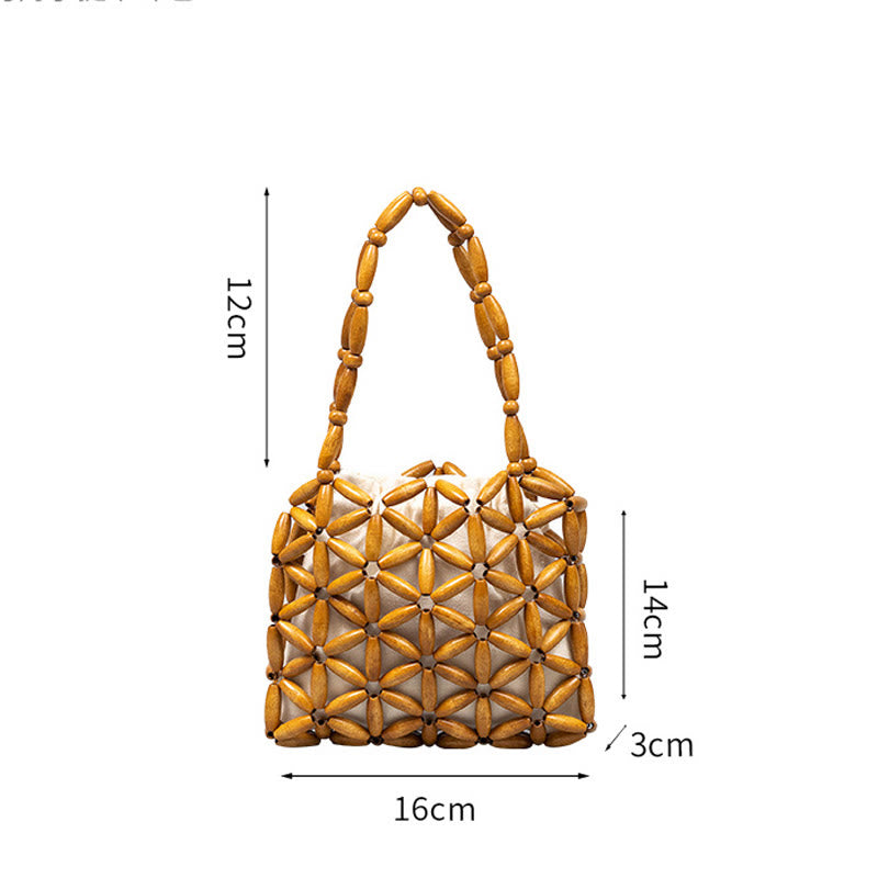 Buddha Stones Bolso de Mano de Cuentas de Madera Tejido a Mano