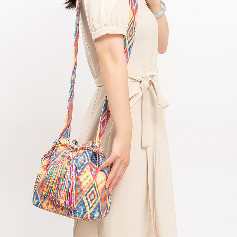 Bolso bandolera de lona con estampado de piedras de Buda, geometría colorida y flores