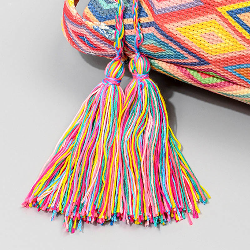 Bolso bandolera de lona con estampado de piedras de Buda, geometría colorida y flores