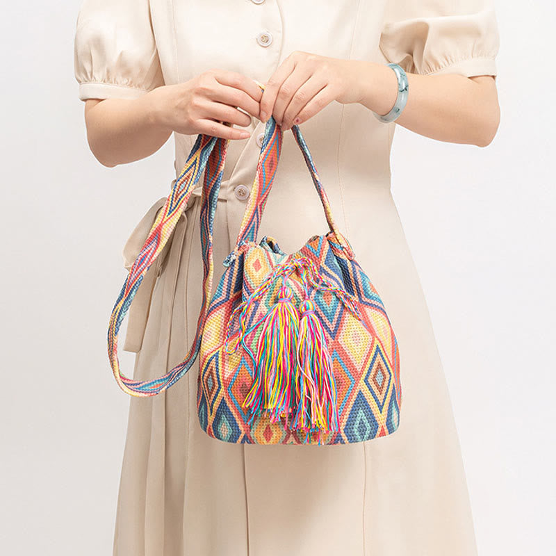 Bolso bandolera de lona con estampado de piedras de Buda, geometría colorida y flores