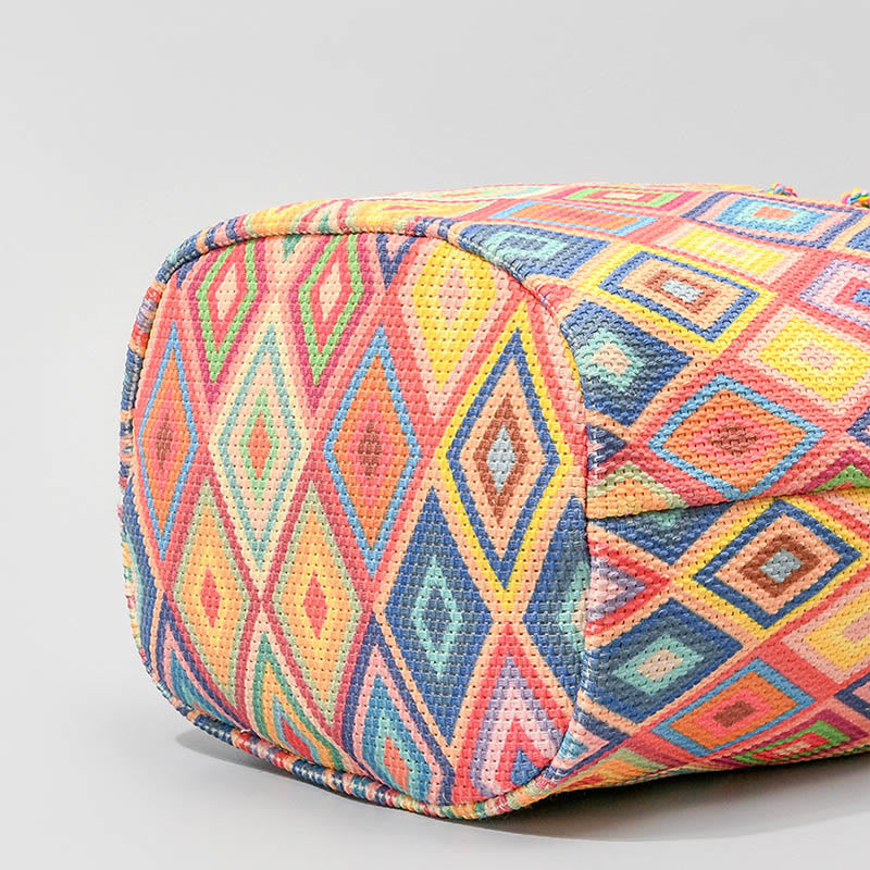 Bolso bandolera de lona con estampado de piedras de Buda, geometría colorida y flores