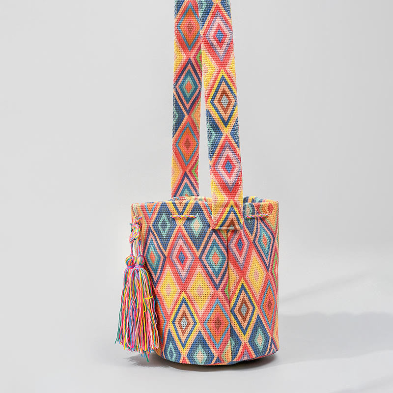 Bolso bandolera de lona con estampado de piedras de Buda, geometría colorida y flores