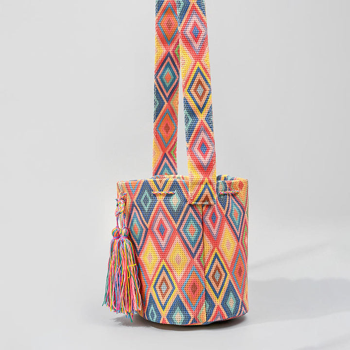 Bolso bandolera de lona con estampado de piedras de Buda, geometría colorida y flores