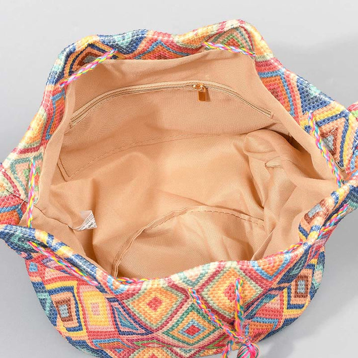 Bolso bandolera de lona con estampado de piedras de Buda, geometría colorida y flores