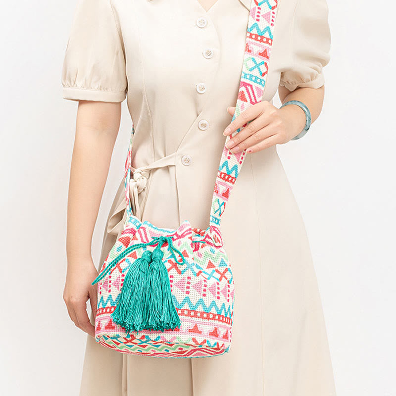 Bolso bandolera de lona con estampado de piedras de Buda, geometría colorida y flores