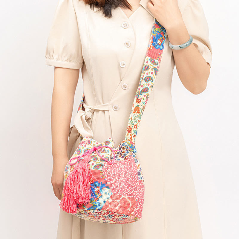 Bolso bandolera de lona con estampado de piedras de Buda, geometría colorida y flores
