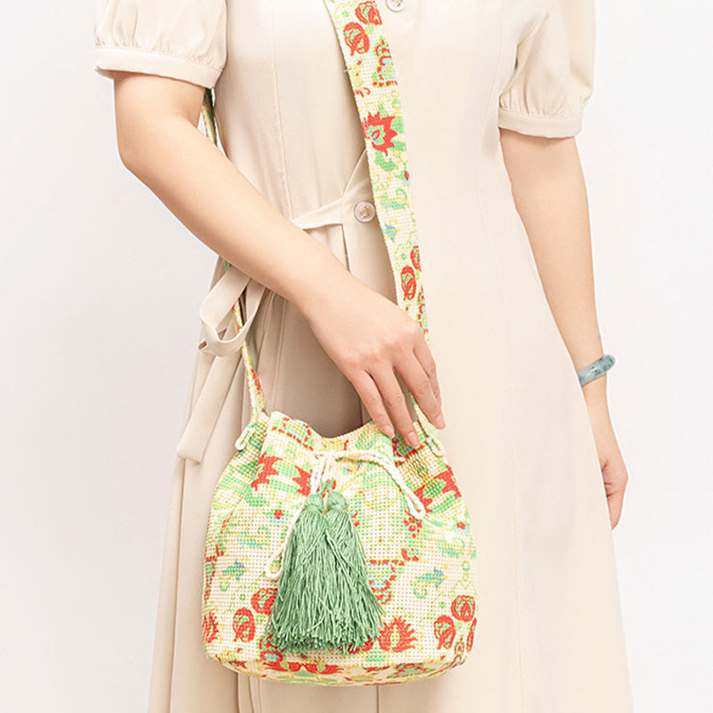 Bolso bandolera de lona con estampado de piedras de Buda, geometría colorida y flores