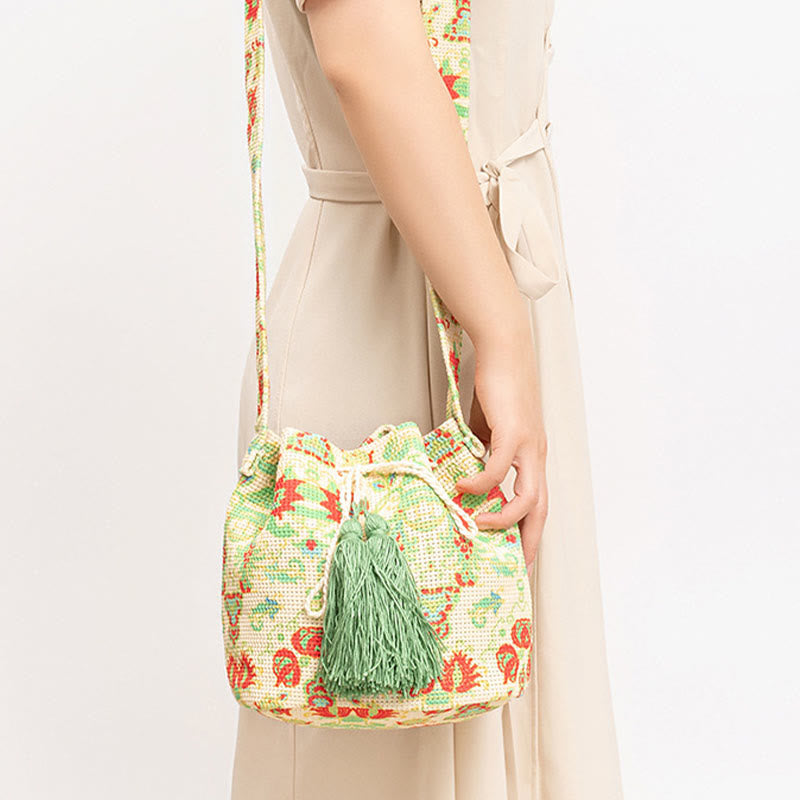 Bolso bandolera de lona con estampado de piedras de Buda, geometría colorida y flores