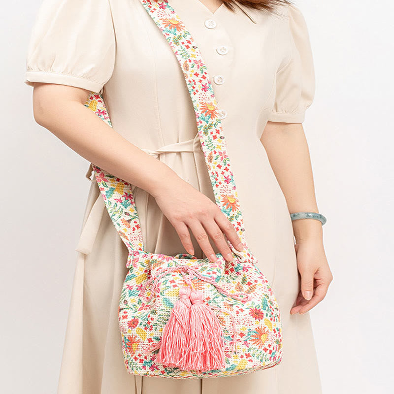 Bolso bandolera de lona con estampado de piedras de Buda, geometría colorida y flores
