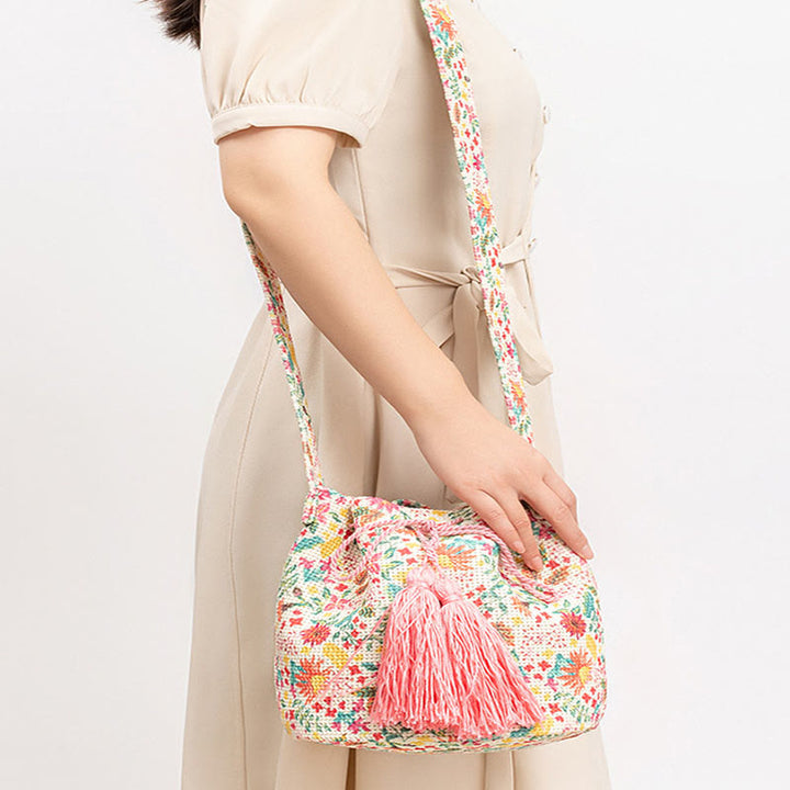 Bolso bandolera de lona con estampado de piedras de Buda, geometría colorida y flores