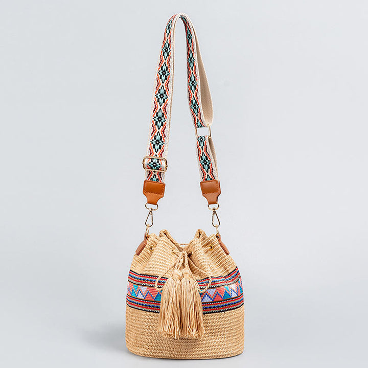 Bolso cruzado con borlas geométrico de playa con piedras de Buda, tejido de paja, bolso de hombro