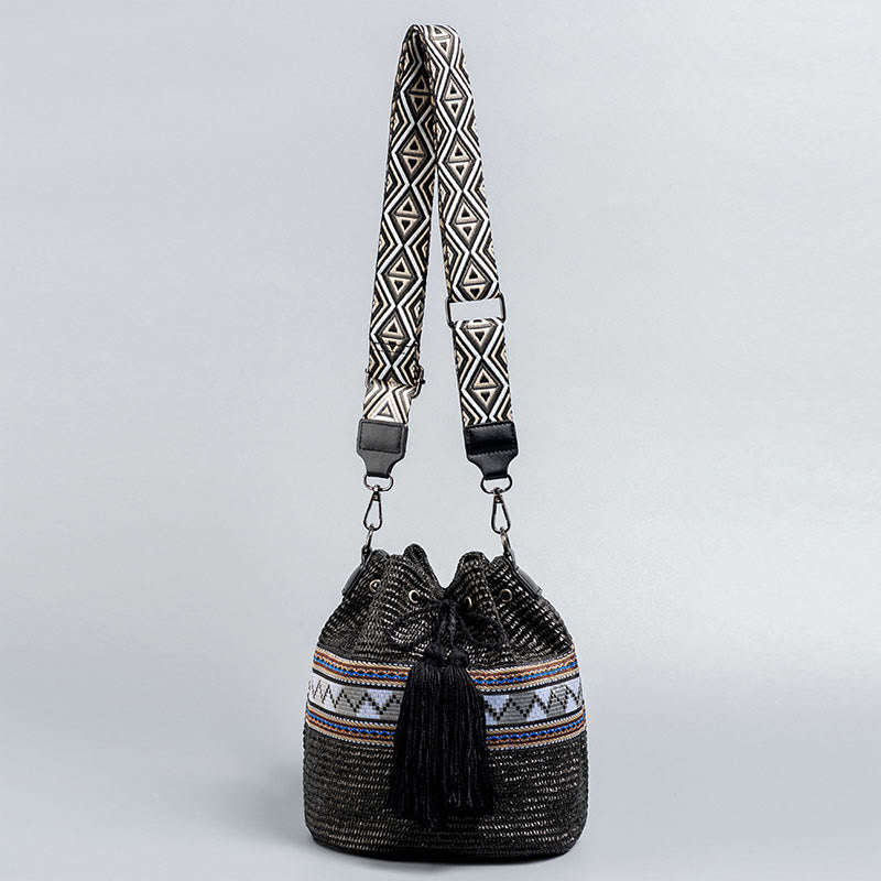 Bolso cruzado con borlas geométrico de playa con piedras de Buda, tejido de paja, bolso de hombro