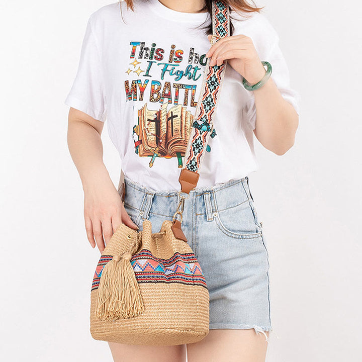 Bolso cruzado con borlas geométrico de playa con piedras de Buda, tejido de paja, bolso de hombro