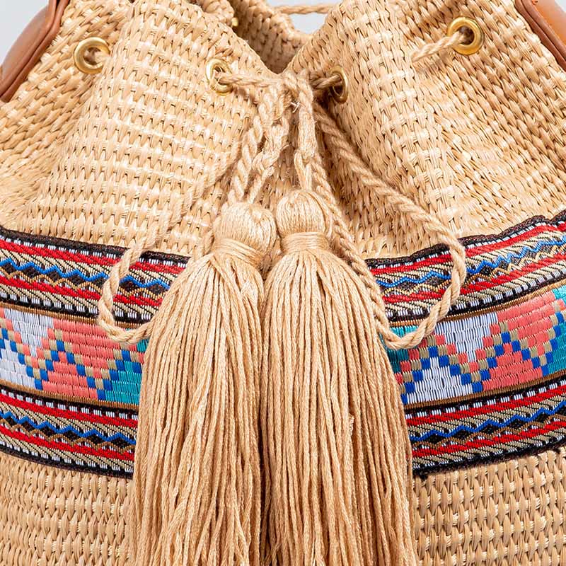 Bolso cruzado con borlas geométrico de playa con piedras de Buda, tejido de paja, bolso de hombro