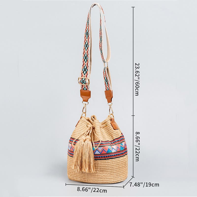 Bolso cruzado con borlas geométrico de playa con piedras de Buda, tejido de paja, bolso de hombro