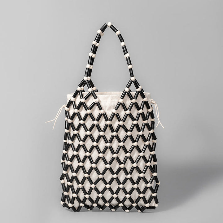 Bolsa de mano de cuentas de madera huecas tejidas a mano con piedras de Buda