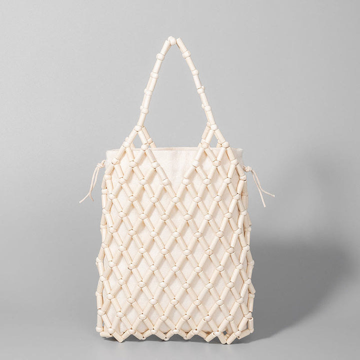 Bolsa de mano de cuentas de madera huecas tejidas a mano con piedras de Buda