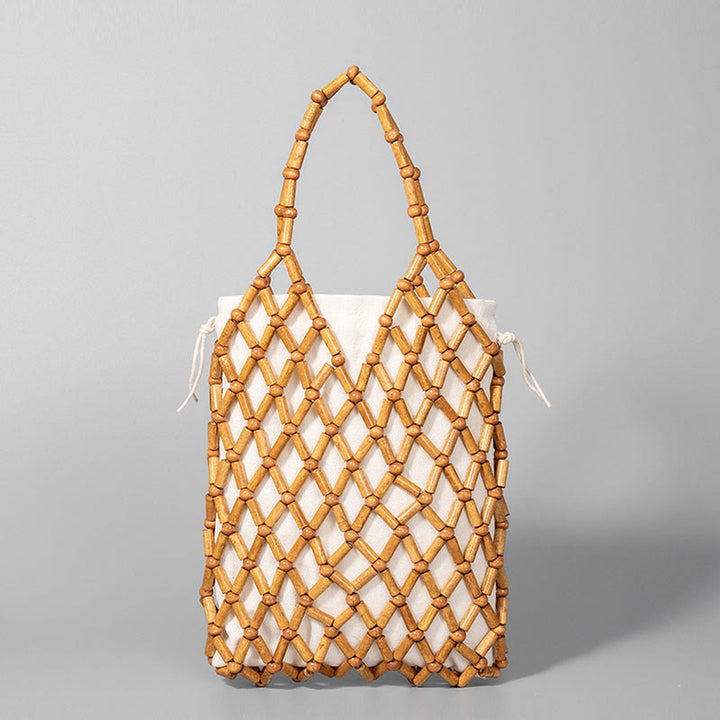 Bolsa de mano de cuentas de madera huecas tejidas a mano con piedras de Buda