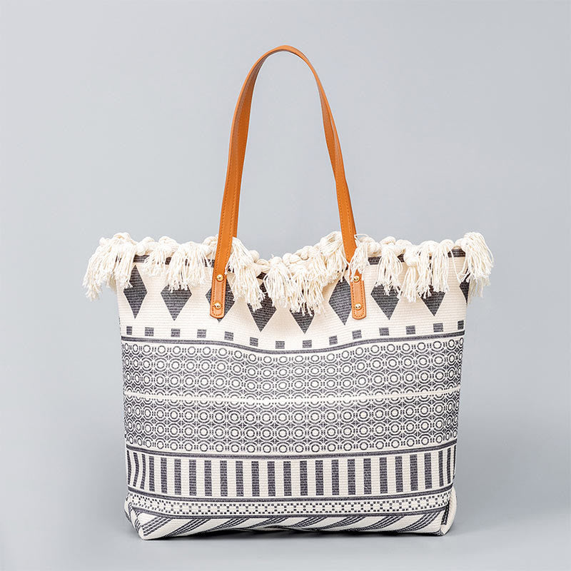 Bolso tote de lona con capacidad grande, impresión geométrica boho y borlas de piedras Buda