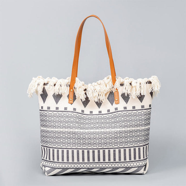 Bolso tote de lona con capacidad grande, impresión geométrica boho y borlas de piedras Buda