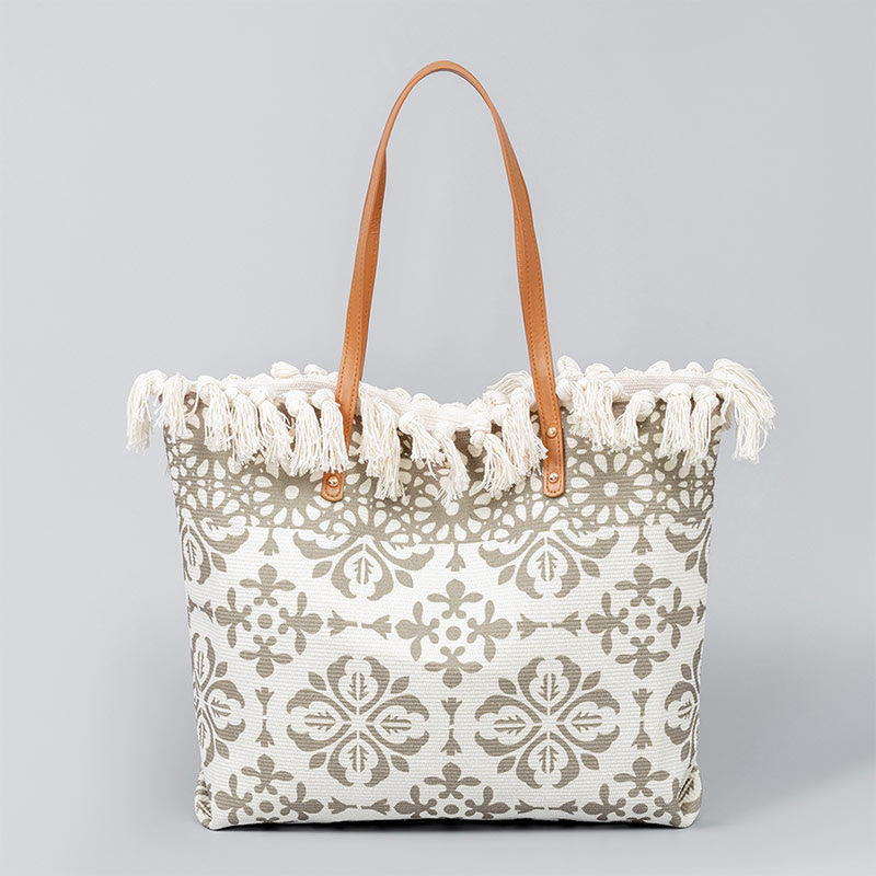 Bolso tote de lona con capacidad grande, impresión geométrica boho y borlas de piedras Buda