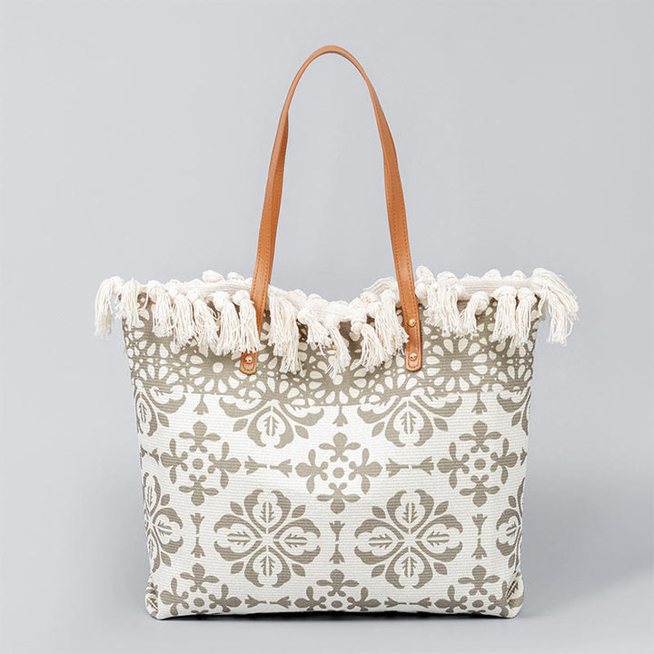 Bolso tote de lona con capacidad grande, impresión geométrica boho y borlas de piedras Buda