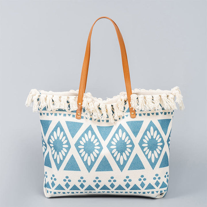 Bolso tote de lona con capacidad grande, impresión geométrica boho y borlas de piedras Buda