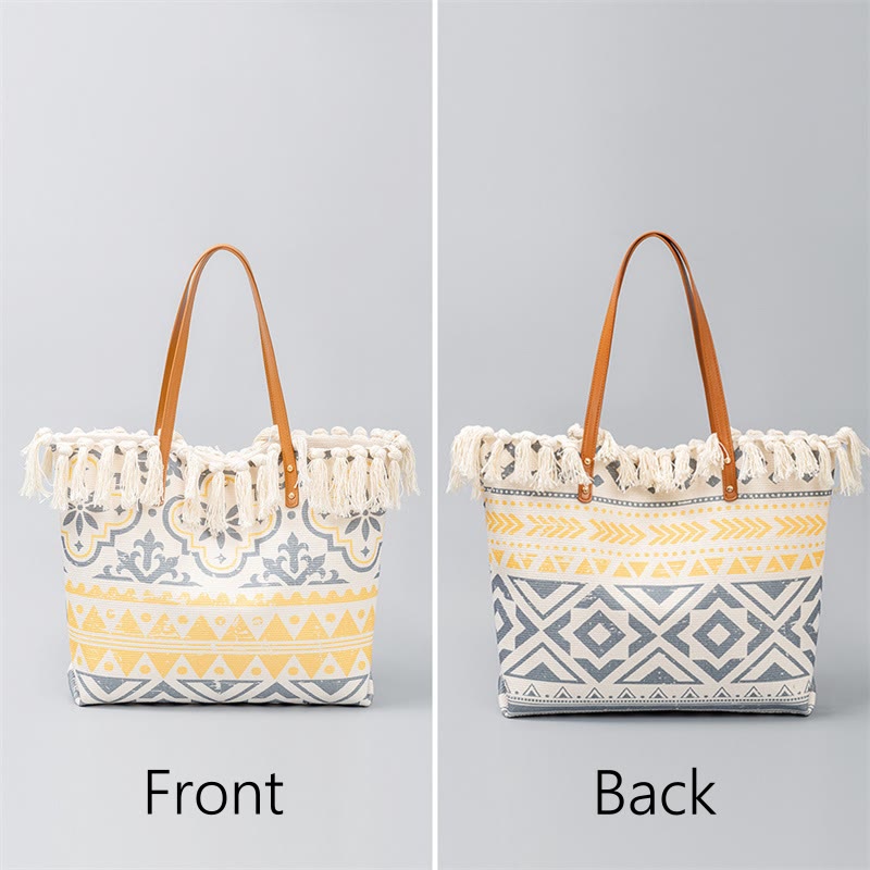 Bolso tote de lona con capacidad grande, impresión geométrica boho y borlas de piedras Buda