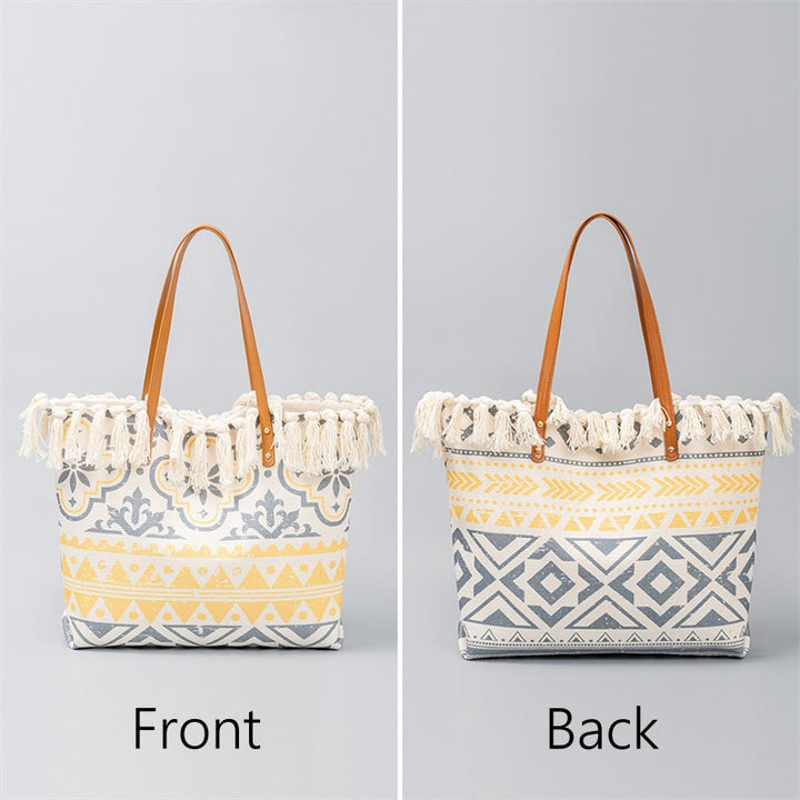 Bolso tote de lona con capacidad grande, impresión geométrica boho y borlas de piedras Buda