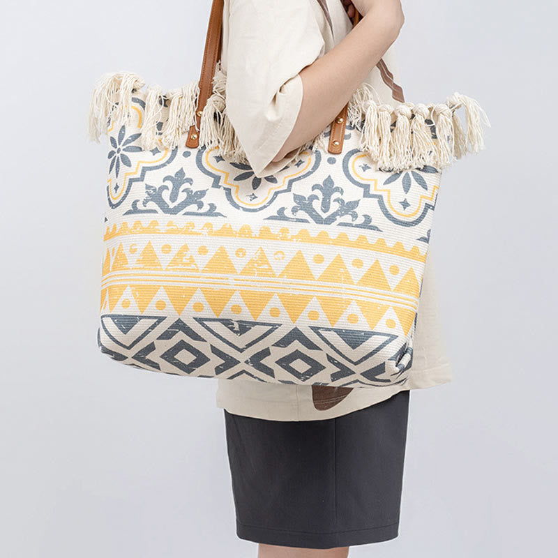 Bolso tote de lona con capacidad grande, impresión geométrica boho y borlas de piedras Buda