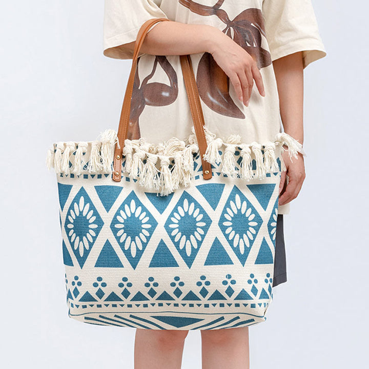Bolso tote de lona con capacidad grande, impresión geométrica boho y borlas de piedras Buda