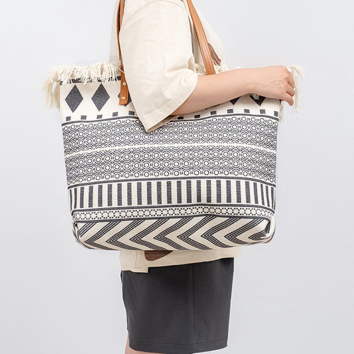 Bolso tote de lona con capacidad grande, impresión geométrica boho y borlas de piedras Buda