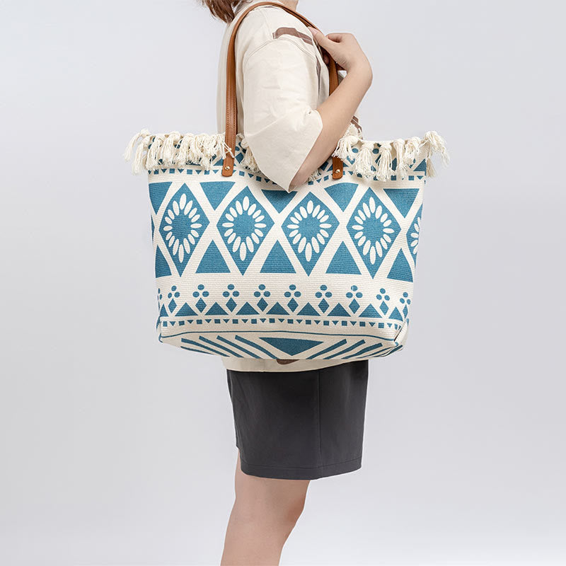 Bolso tote de lona con capacidad grande, impresión geométrica boho y borlas de piedras Buda