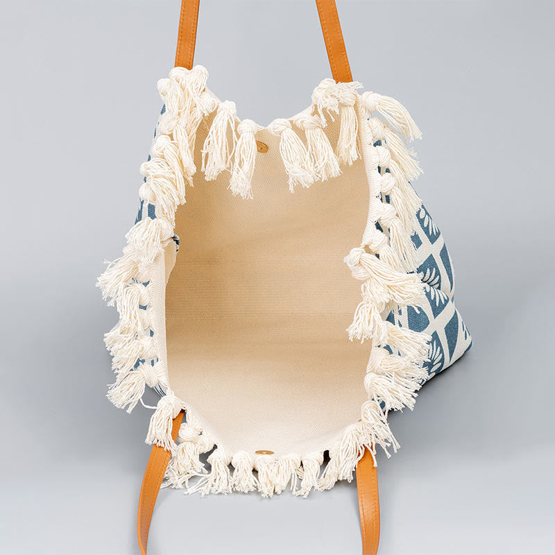 Bolso tote de lona con capacidad grande, impresión geométrica boho y borlas de piedras Buda