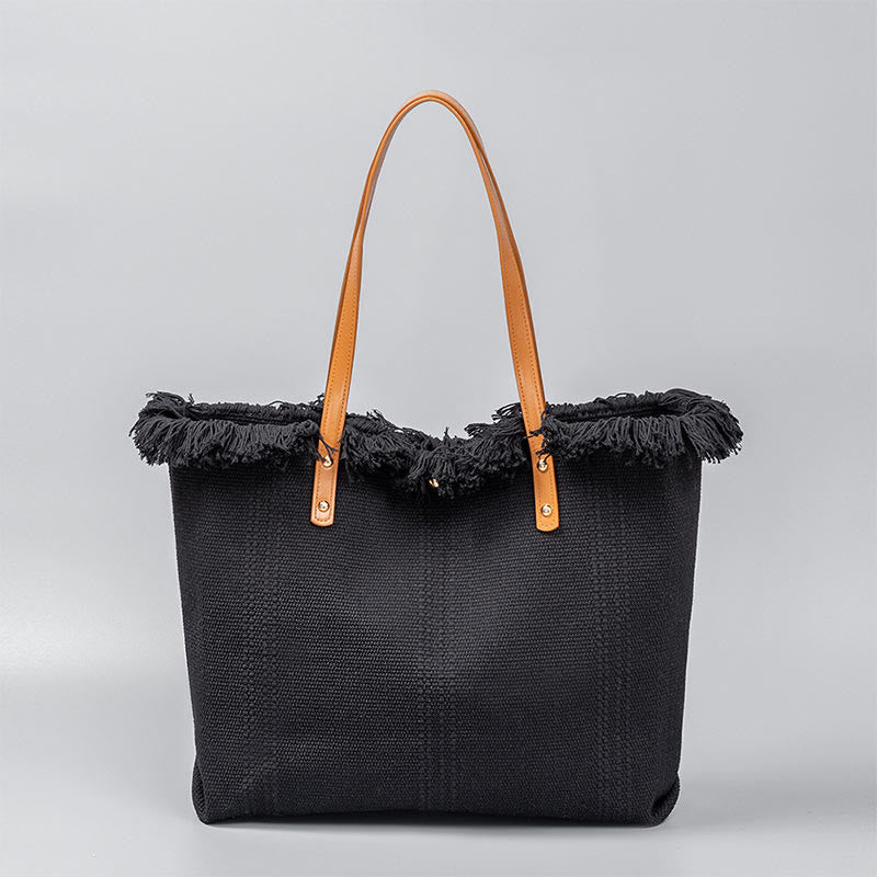 Bolsa de hombro de lona con borlas de gran capacidad y color sólido Buddha Stones