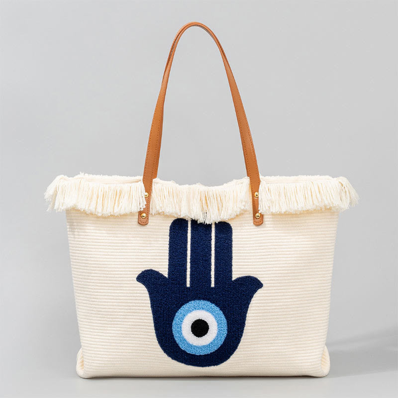 Buddha Stones Gran Capacidad Ojo Turco Hoja Hamsa Borla Lona Tote Bolso de Hombro