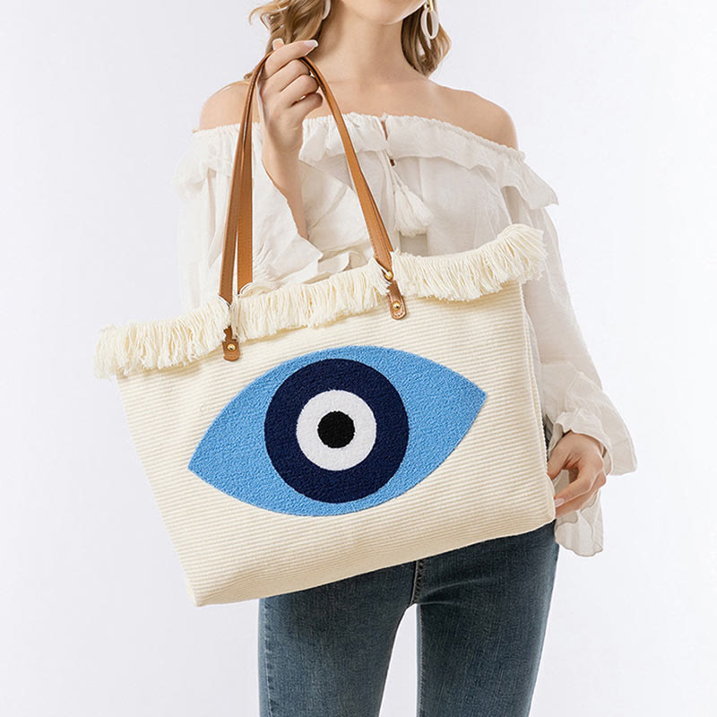 Buddha Stones Gran Capacidad Ojo Turco Hoja Hamsa Borla Lona Tote Bolso de Hombro