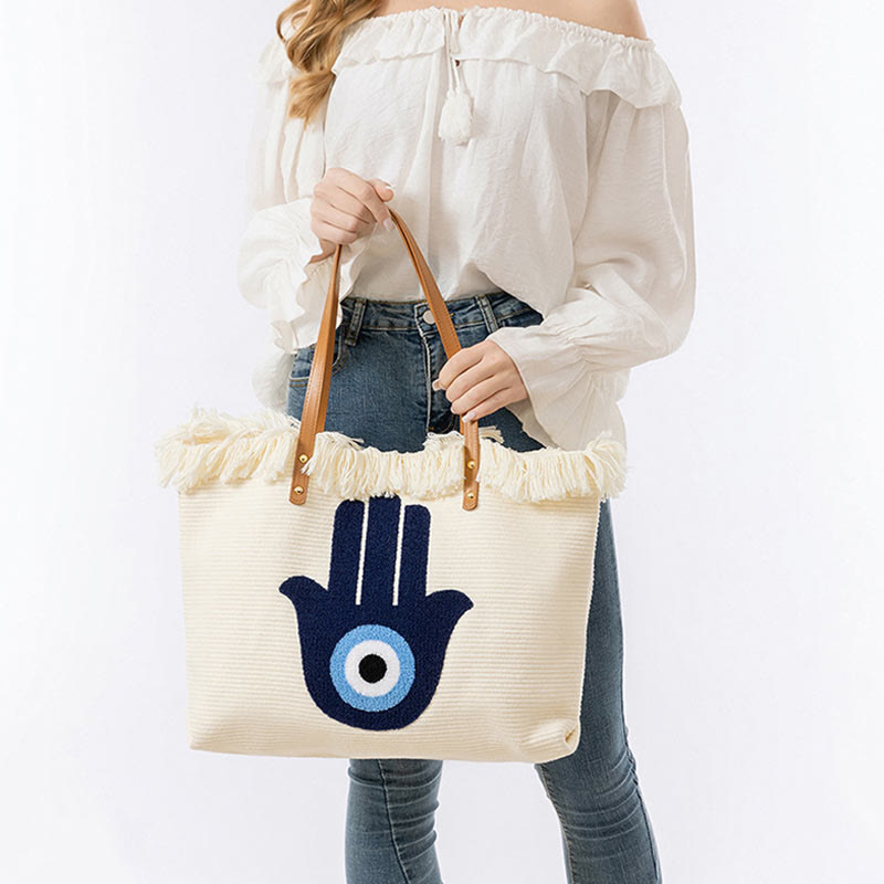 Buddha Stones Gran Capacidad Ojo Turco Hoja Hamsa Borla Lona Tote Bolso de Hombro